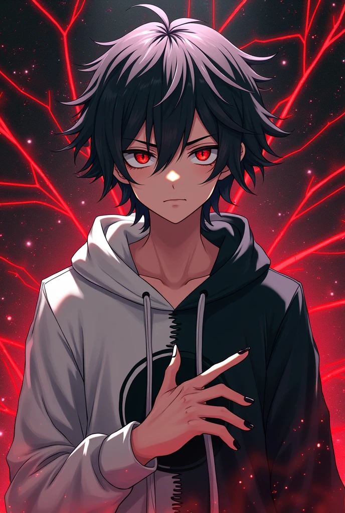 Anime boy, Wearing hoodie, Half of the hoodie is white while the other is black like a yin and yang. The eyes different from each other, the right is red like a demon eyes while the left is a human eye with color grey. It's hair is fluffy and a little straight. The face is an anime that is serious, inspired by Error sans. The background is like a universe covered with red strings like he controls it with his right hand. Make his face more serious like he is on a fight.