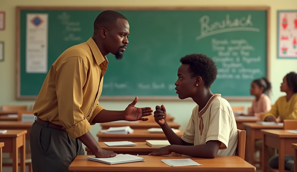 A teacher scolds a Burkinabe high school student sitting on his chair at the high school
