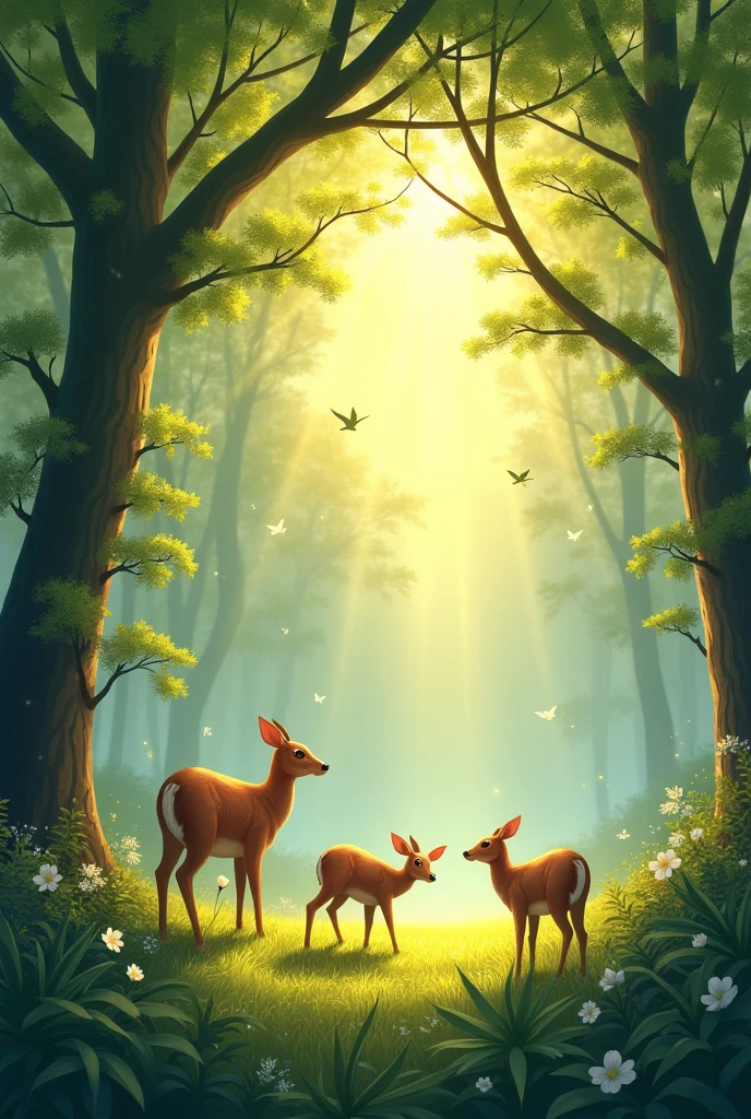 Imaginez une forêt au lever du soleil au printemps. La lumière douce du matin éclaire une canopée verdoyante, avec des arbres aux feuilles fraîchement épanouies. Des biches, aux pelages bruns et soyeux, broutent paisiblement l'herbe tendre du sous-bois, tandis que des oiseaux chantent et virevoltent parmi les branches. La brume matinale se dissipe lentement, laissant place à une lumière dorée qui met en valeur la beauté tranquille de la scène.






