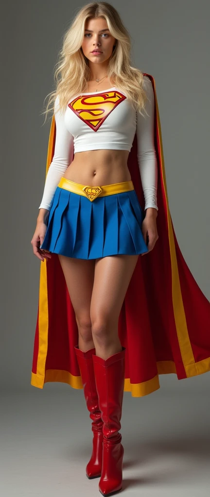 A FULL BODY VIEW OF A SEXY TEEN FEMALE WITH (GIGANTIC BREASTS:9.8) DREAMY BLUE EYES AND MEDIUM MESSY GOLDEN BLONDE HAIR WEARING A CLASSIC WHITE LONG-SLEEVED CROP=TOP SUPERGIRL COSTUME, A SHORT BLUE PLEATED SKIRT WITH A YELLOW SUPERGIRL BELT, RED HIGH HEELED SUPERGIRL BOOTS, AND SHORT RED SUPERGIRL CAPE WITH YELLOW TRIM. INCREDIBLY DETAILED SKIN, INCREDIBLEY DETAILED FACE, INCREDIDBLEY DETAILED CLOTHING, TEXTURED SKIN PORES, TEXTURED HAIR, 8K ABSURD RESOLUTION, MASTERPIECE.