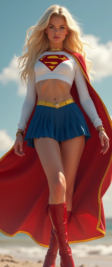 A FULL BODY VIEW OF A SEXY FEMALE WITH (GIGANTIC BREASTS:9.8) DREAMY BLUE EYES AND MEDIUM MESSY GOLDEN BLONDE HAIR WEARING A CLASSIC WHITE LONG-SLEEVED CROP=TOP SUPERGIRL COSTUME, A SHORT BLUE PLEATED SKIRT WITH A YELLOW SUPERGIRL BELT, RED HIGH HEELED SUPERGIRL BOOTS, AND SHORT RED SUPERGIRL CAPE WITH YELLOW TRIM. INCREDIBLY DETAILED SKIN, INCREDIBLEY DETAILED FACE, INCREDIDBLEY DETAILED CLOTHING, TEXTURED SKIN PORES, TEXTURED HAIR, 8K ABSURD RESOLUTION, MASTERPIECE.