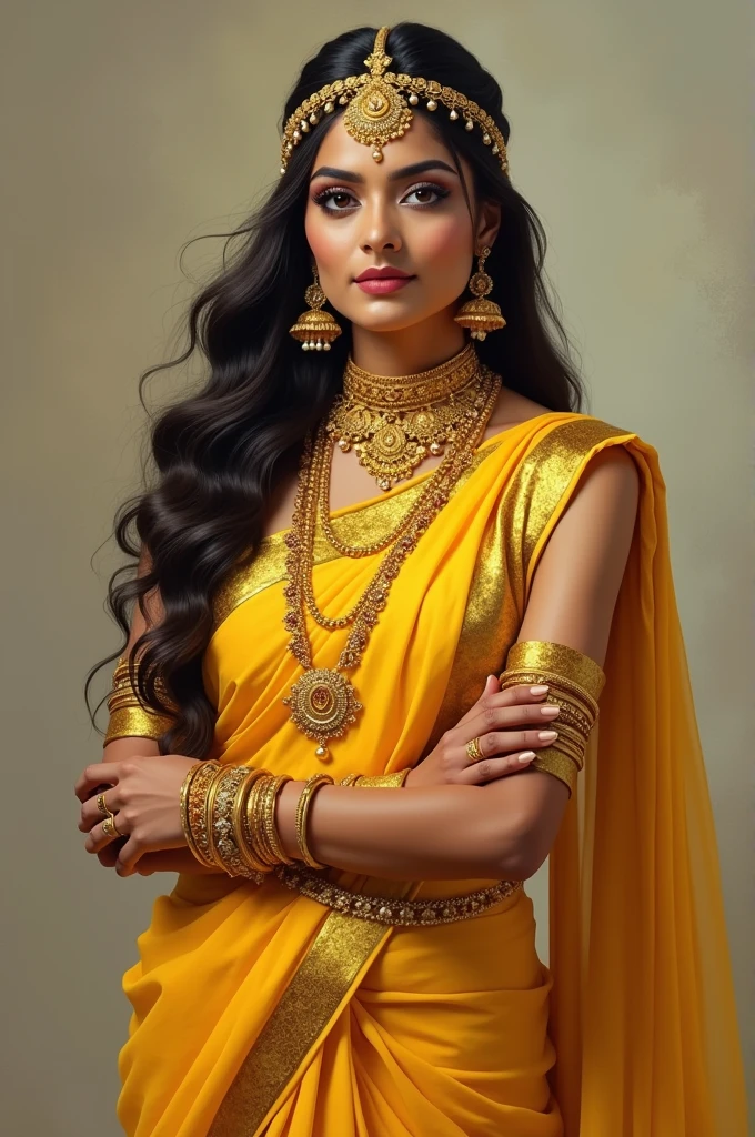 She wears a yellow saree She is an Indian woman She has a gold crown She has many gold ornaments She has long hair She also has a golden crown like that. Also, her arms are holding two gold rings halfway up near her shoulders