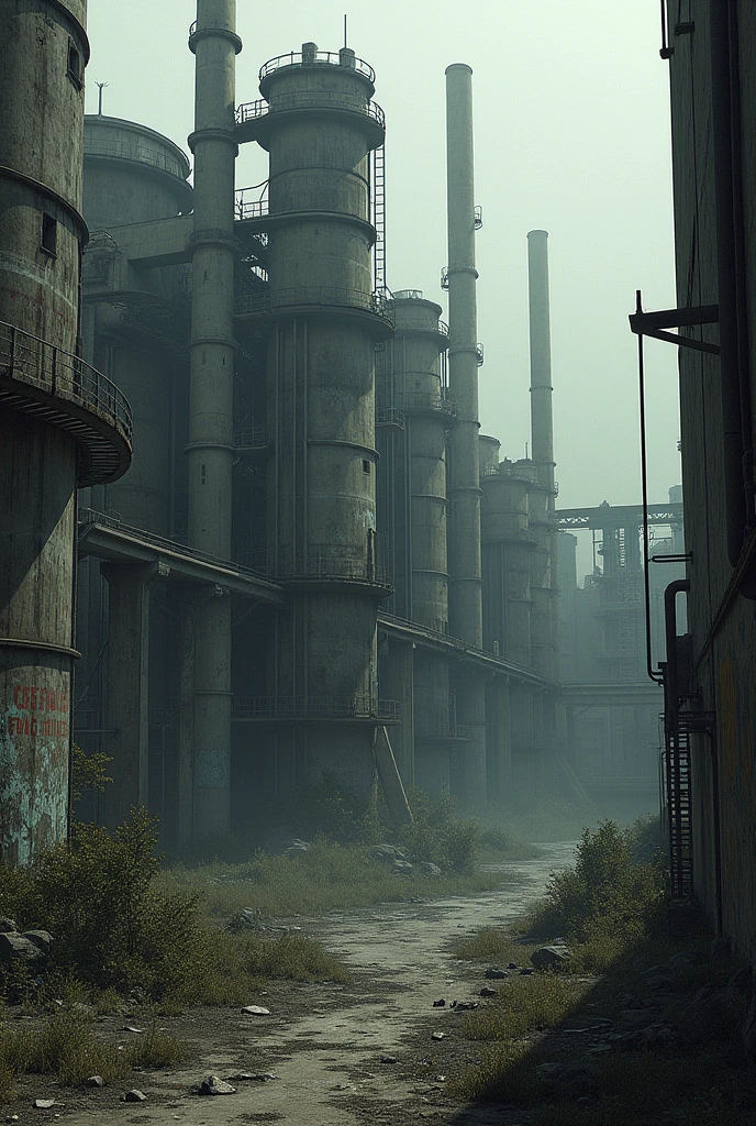 Image for a realistic cover with a dark look with a scene of an abandoned factory