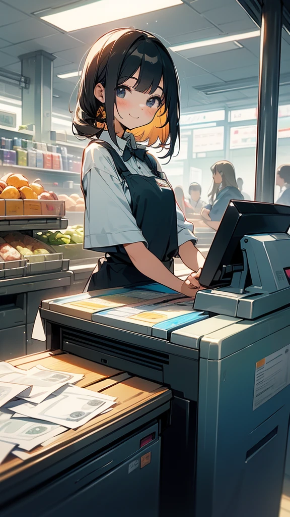 young woman,smile,((Standing inside the cash register)),Touching the cash register machine,Customer Service,((There is a cash register on the table)),(Scanning product barcodes at the cash register)),Each person has one register,Supermarket clerk,Wearing an apron,uniform,((Working as a cashier)),((There are multiple cashiers.)),((cashier,register,)),((Receive money from customers)),There are products on the shelves,In the supermarket,Bright interior,grocery store,There are customers.