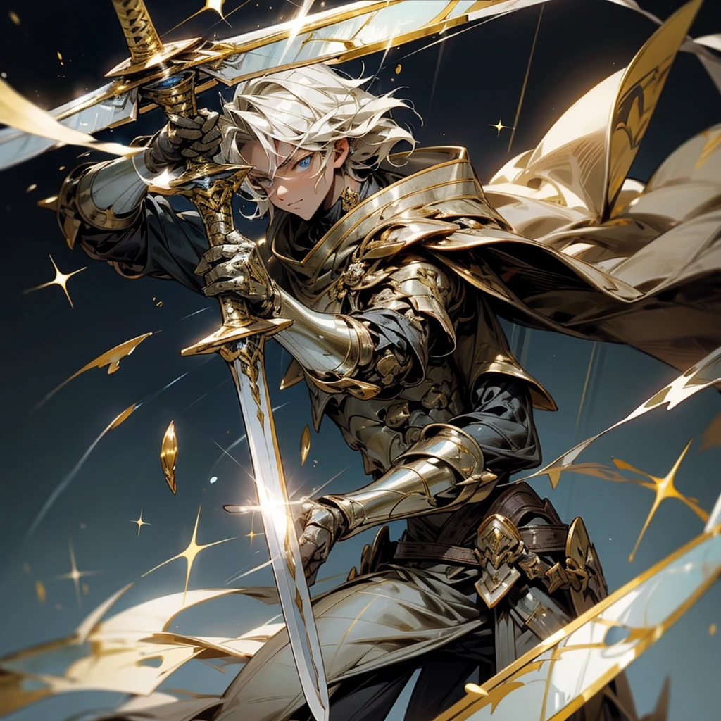 man with magical powers Skills in using the Water Greatsword Wearing iron armor Has straight hair that sparkles with gold,8k