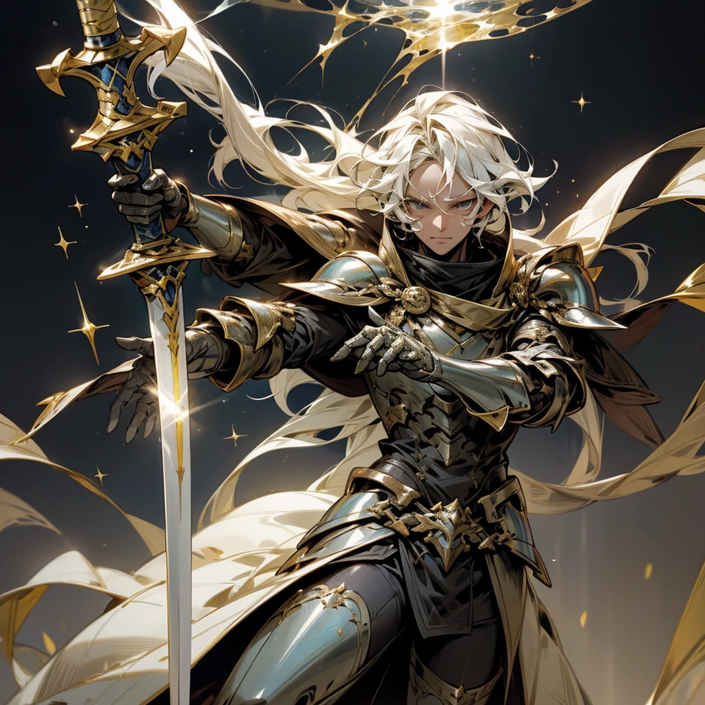 man with magical powers Skills in using the Water Greatsword Wearing iron armor Has straight hair that sparkles with gold,8k