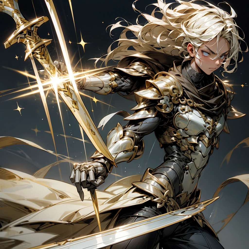 man with magical powers Skills in using the Water Greatsword Wearing iron armor Has straight hair that sparkles with gold,8k