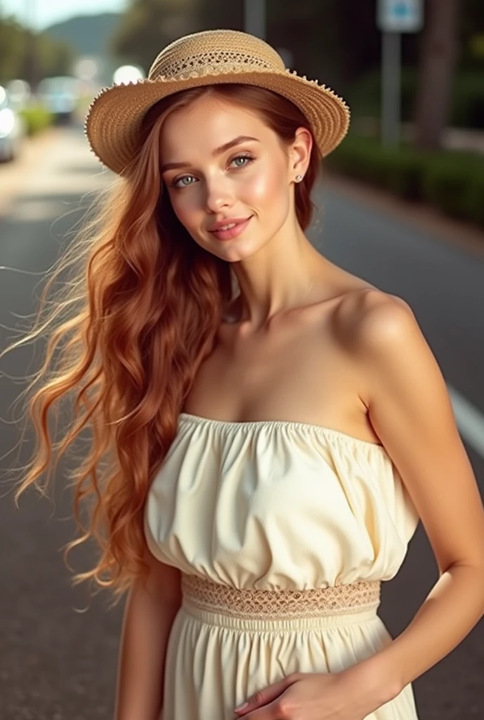 Highest image quality, Outstanding details, Ultra-high resolution, (realism: 1.4), Best example, Attention to detail, Highly concentrated girl, Beautiful and delicate face,Ukrainian beauty with golden facial features.Wearing a white high waist dress, Wear a lace straw hat,Standing in front of the bus stop,Coastal road in the background.