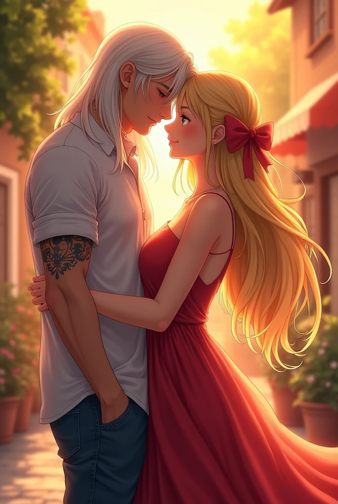 I would like to get an anime-style image of a couple consisting of a man with long platinum hair, jeans, a light shirt with sleeves rolled up to the waist, a tattoo on his arm, he presses his forehead to a young incredibly beautiful blonde woman with long golden hair, a red bow on her hair, she is wearing a red dress. It's warm, August, evening, a romantic little town. they are happy, in love.