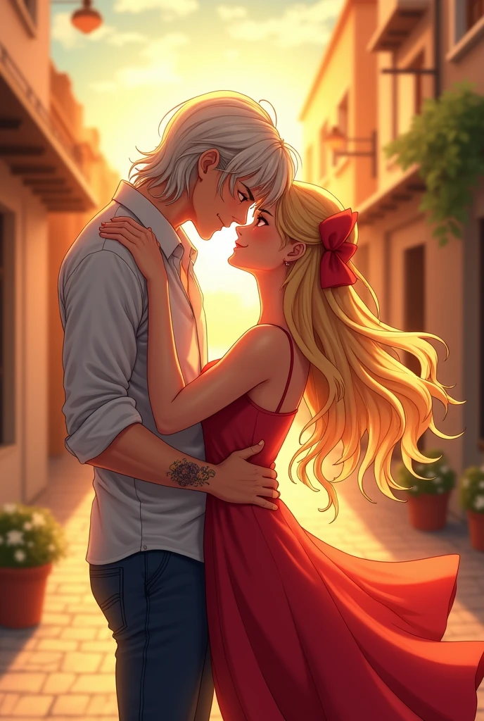 I would like to get an anime-style image of a couple consisting of a man with long platinum hair, jeans, a light shirt with sleeves rolled up to the waist, a tattoo on his arm, he presses his forehead to a young incredibly beautiful blonde woman with long golden hair, a red bow on her hair, she is wearing a red dress. It's warm, August, evening, a romantic little town. they are happy, in love.