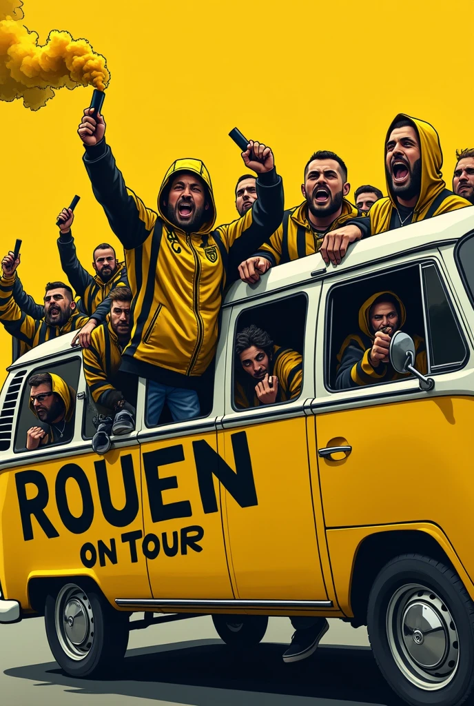 Simplistic image of a group of male ultra hooligan style supporters in yellow and black jackets in a yellow Volkswagen combi with the words "ROUEN ON TOUR" written on it with yellow and black smoke bombs in their hands