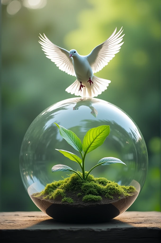 In a globe, a dove descending and a plant growing.