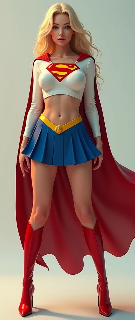 A FULL BODY VIEW OF A SEXY TEEN FEMALE WITH (GIGANTIC BREASTS:9.8) DREAMY BLUE EYES AND MEDIUM MESSY GOLDEN BLONDE HAIR WEARING A CLASSIC WHITE LONG-SLEEVED CROP=TOP SUPERGIRL COSTUME, A SHORT BLUE PLEATED SKIRT WITH A YELLOW SUPERGIRL BELT, RED HIGH HEELED SUPERGIRL BOOTS, AND SHORT RED SUPERGIRL CAPE WITH YELLOW TRIM. INCREDIBLY DETAILED SKIN, INCREDIBLEY DETAILED FACE, INCREDIDBLEY DETAILED CLOTHING, TEXTURED SKIN PORES, TEXTURED HAIR, 8K ABSURD RESOLUTION, MASTERPIECE.