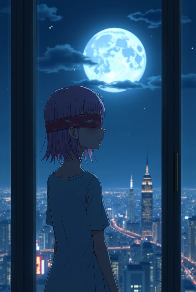 an anime character looking at the full moon at night with blindfold on from his 26 floor of his building