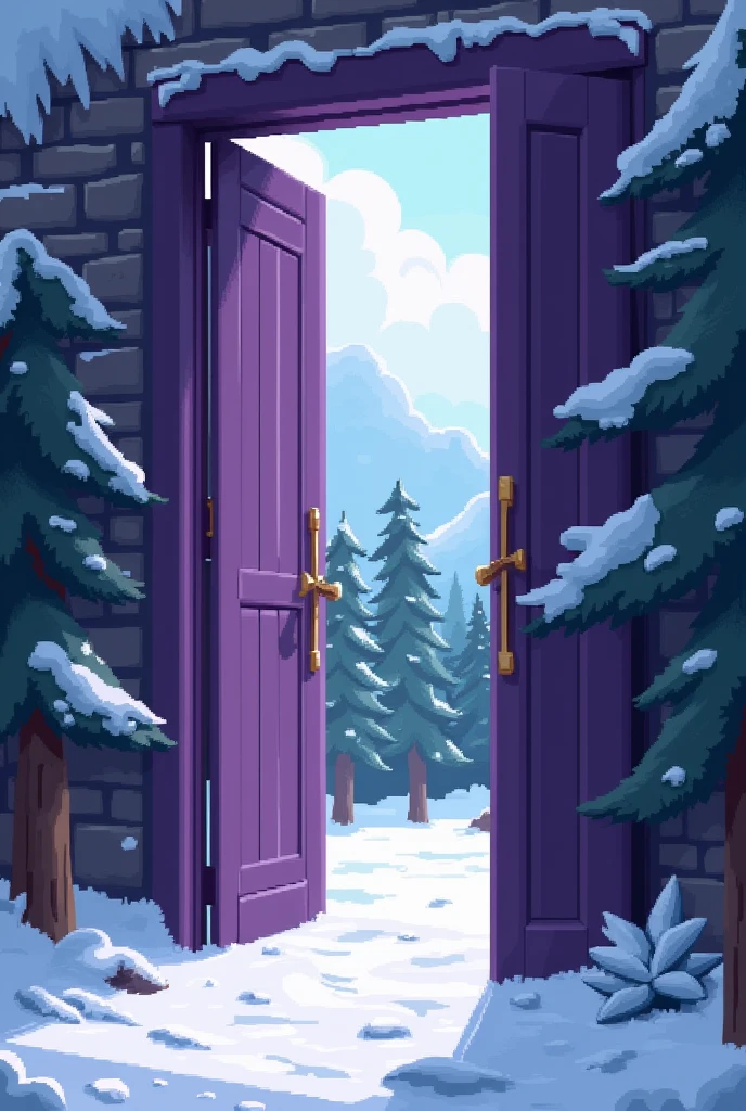Generates a large purple door opening from side to side and in front of the door there are pine trees and snow. I created all this with a video game-like pixelated style., similar to Undertale.