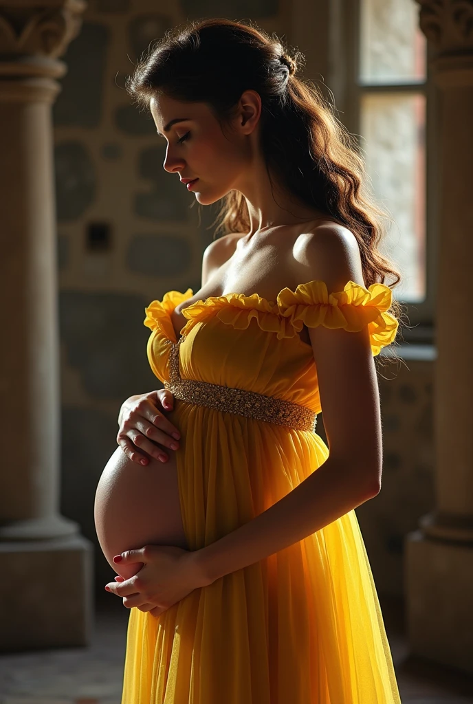 A stunning portrait of Belle from beauty and the beast, She is pregnant, holding her belly, location is Gothic Castle, young and beautiful, hyper realistic, real portrait, backlit, exquisite features, cleavage, sexy, seductive, natural light, soft light,  pregnant, large belly, embodiment of love, bare belly, mermaid