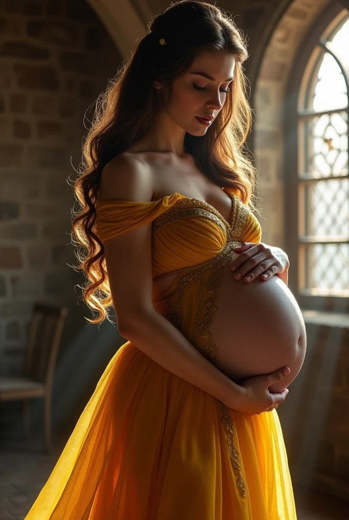 A stunning portrait of Belle from beauty and the beast, She is pregnant, holding her belly, location is Gothic Castle, young and beautiful, hyper realistic, real portrait, backlit, exquisite features, cleavage, sexy, seductive, natural light, soft light, nine months pregnant, large belly, embodiment of love, bare belly, mermaid