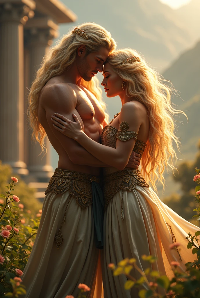 Antiope queen of the Amazons make her more beautiful like a blonde horse goddess and that she is embracing Theseus a man