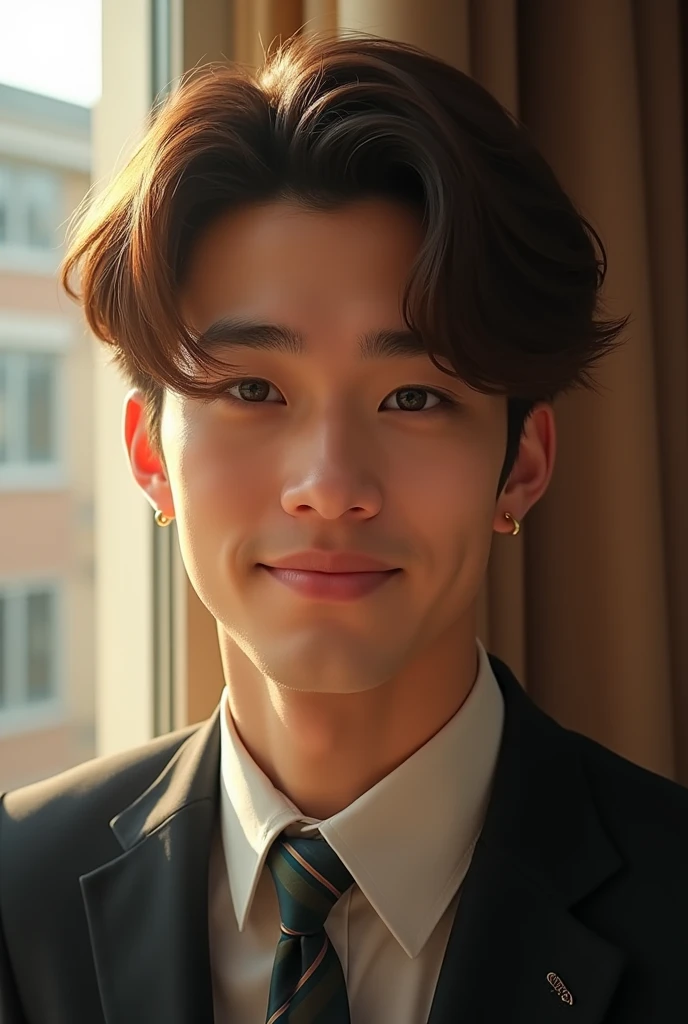 21year boy, wearing formal blazer with tie, smooth brown hair, indoors, soft lighting, building in background, window with sunlight, cozy room, professional pose, warm colour, close up,  dimple, small earring, real photo