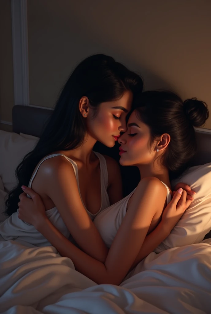 Create a image of a 25 year old indian girl in a room long black silky hair in bun style her 24 year old boyfriend kissing her neck from back on the bed