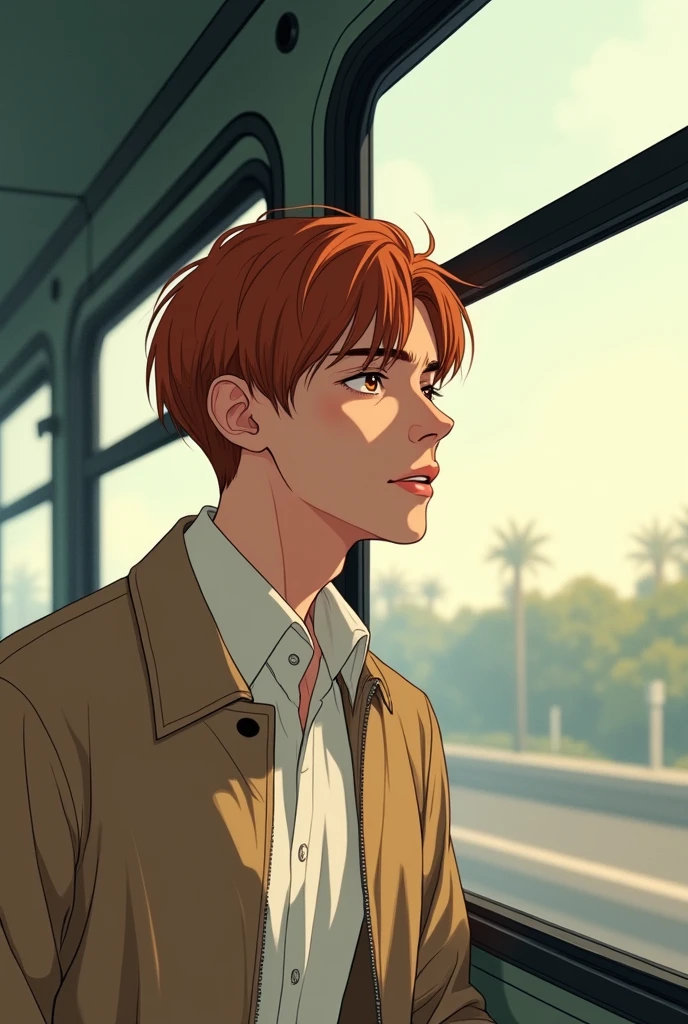 (comic) A young man looking out of a bus window, sideways. Short straight copper hair with waves. Amber and fine eyes, fine features, beige jacket and white shirt. clear skin, thick lanios. It's in the morning.
