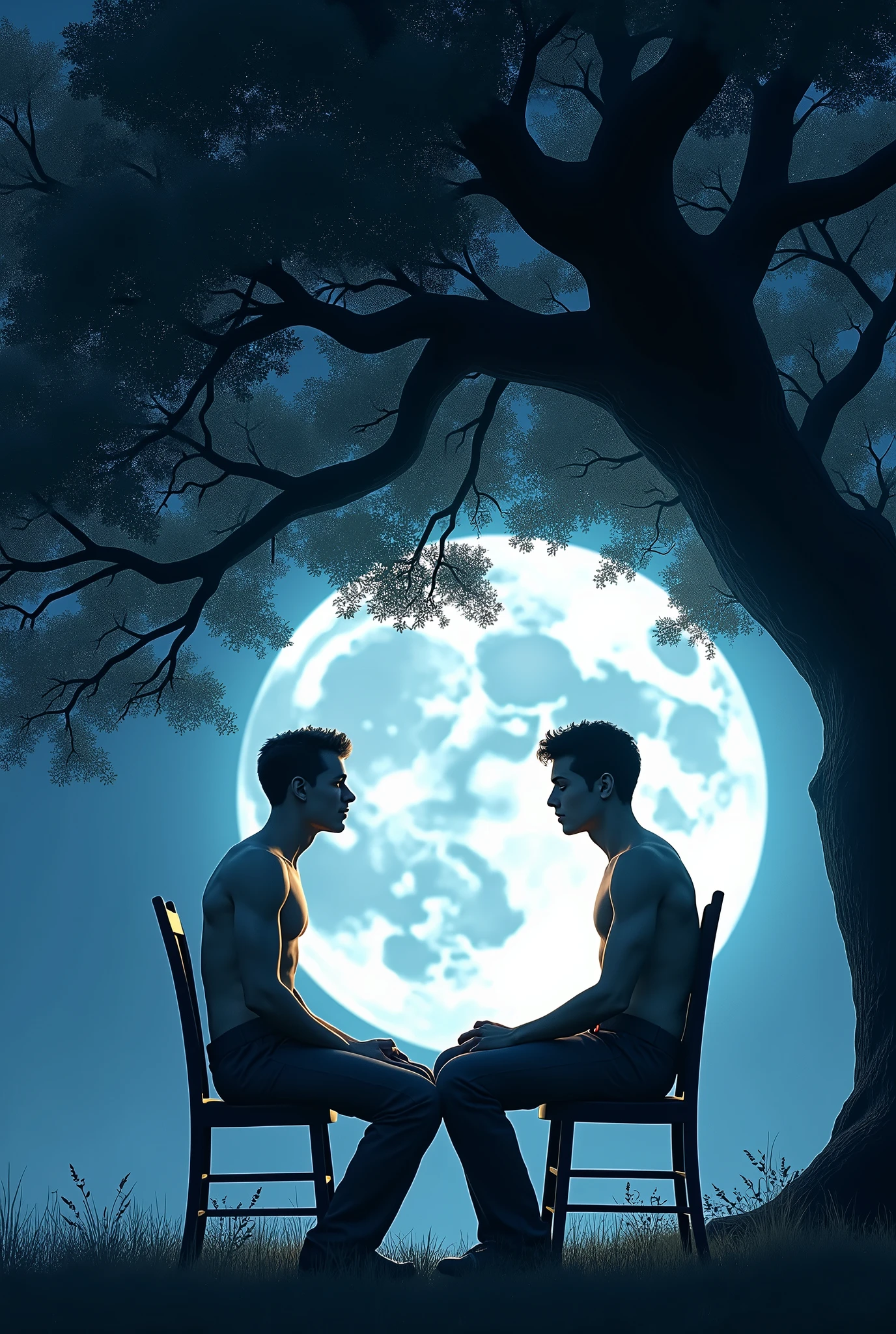 Moonlit Confession, 2 abs boy sitting on a chair of a majestic tree under moonlight, 2 talking bubbles, talking bubble on left says "U missed me honey?", talking bubble on the right says "whattttt"Large breasts,