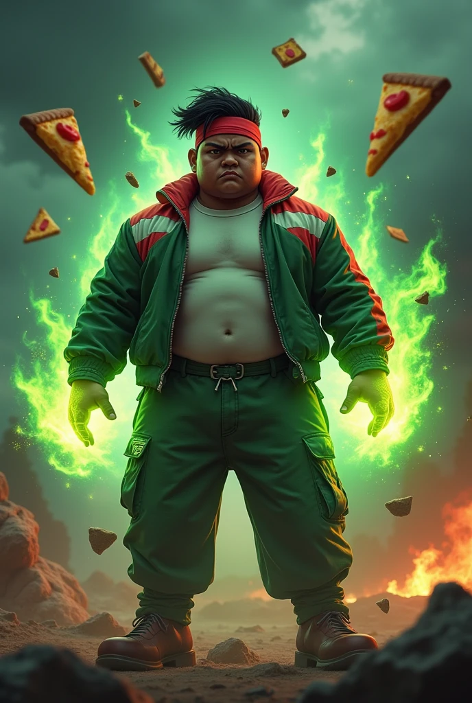 a man real age 20 year old bangladesh, nepal (fat body. belly fat chubby body type.) sharp eyes. chubby face. dark skin. man . Anger face. Open mouth. wear headband red whitr. . wearing an (green red stripe jacket) future shirt . anger faces, short hairstyle . Dramatic.. stand on lava ,( camouflauge green)cargo pant,, detailed face, cinematic lighting, dramatic atmosphere,.hot day. vibrant colors, 8k, high quality, photorealistic. Hero suit.. ha,army green logo design on pant . Very strong. Future design dress. Very epic. Very hot background.. dark sky. Very strong . . Flying floating pizza, candy. chocolate bar everywhere..Shadow power from hand Floating small rock everywhere.have a power turn anything to the food. ((glowing yellow ))green two finger on both side. upper tilt shift shoot photograpy. 