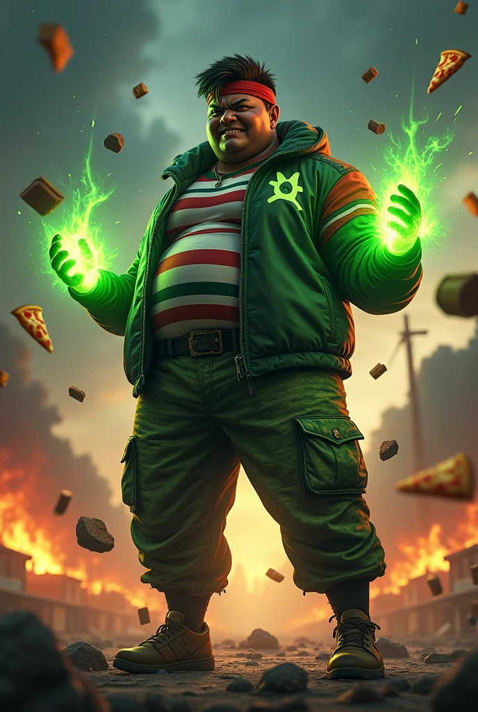 a man real teenage 20 year old bangladesh, nepal (fat body. belly fat chubby body type.) sharp eyes. chubby face. dark skin. man . Anger face. Open mouth. wear headband red whitr. . wearing an (green red stripe jacket) future shirt . anger faces, short hairstyle . Dramatic.. stand on lava ,( camouflauge green)cargo pant,, detailed face, cinematic lighting, dramatic atmosphere,.hot day. vibrant colors, 8k, high quality, photorealistic. Hero suit.. ha,army green logo design on pant . Very strong. Future design dress. Very epic. Very hot background.. dark sky. Very strong . . Flying floating pizza, candy. chocolate bar everywhere..Shadow power from hand Floating small rock everywhere.have a power turn anything to the food. ((glowing yellow ))green two finger on both side. upper tilt shift shoot photograpy.