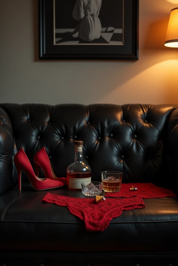 A well-lit room with a vintage, expensive leather sofa, slightly worn, in a deep black color. On the sofa, there's a red lace woman panties, a half-empty bottle of whiskey, a glass filled with whiskey and ice, an ashtray with cigarette butts, and one red high-heeled shoe, creating a scene of quiet, lingering decadence. The lighting is soft but sufficient to illuminate the entire scene, especially highlighting the large black-and-white photograph (120x80 cm) in a thin black frame hanging horizontally on the wall above the sofa. The photograph on the wall is clearly visible, contributing to the overall atmosphere.