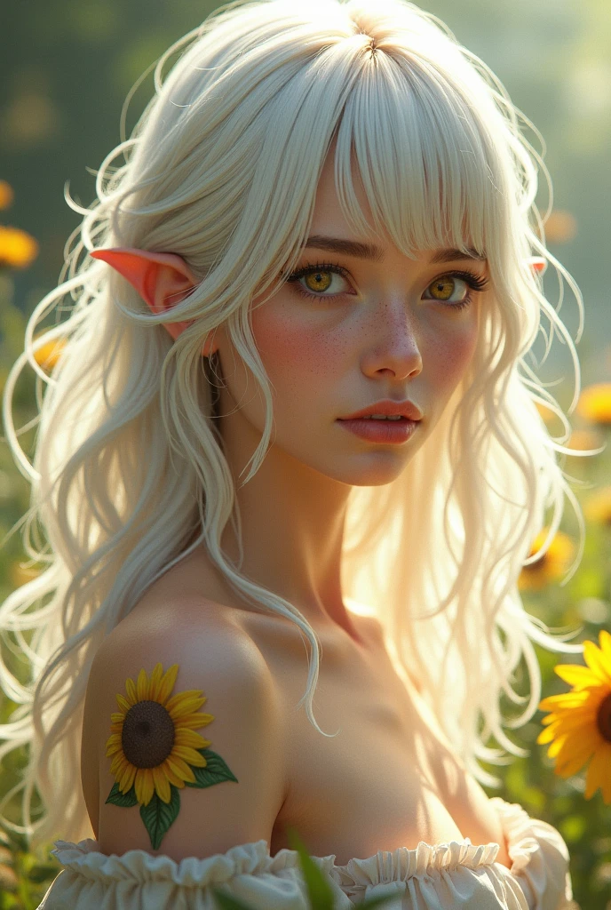 Create a female character. She has bangs with medium-length white hair., gold eyes, freckles and a sunflower tattoo on her left cheek.