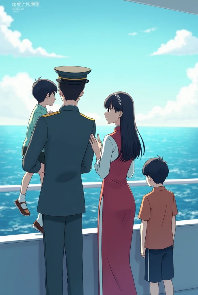 There were four people, including a young man, a young woman, and two boys, an 11-year-old boy and a 3-year-old boy. The boys were wearing casual clothes. Man wearing military uniform. Woman wearing a cheongsam. Everyone was standing on the observation deck watching the sea. With a man holding a young boy and an older boy standing between the man and woman.