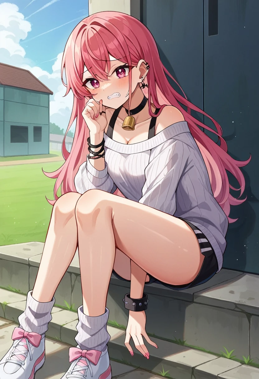 NSFW, NSFW, Loose rubber white ribbed ankle socks.score_9, score_8_superior, score_7_superior, sauce_anime, Marine Kitagawa, superiorper teeth only, Multicolored Hair, Long Hair, Magenta Eyes, ear piercing, earrings, Pink Nails, makesuperior, Beaded Bracelets, Black choker, Neck bell, ring,A hikikomori who was kicked out of his house。Crying.field. Dirty clothes。I'm dirty and embarrassed。outside of home.garden.White socks are dirty。Smelly socks