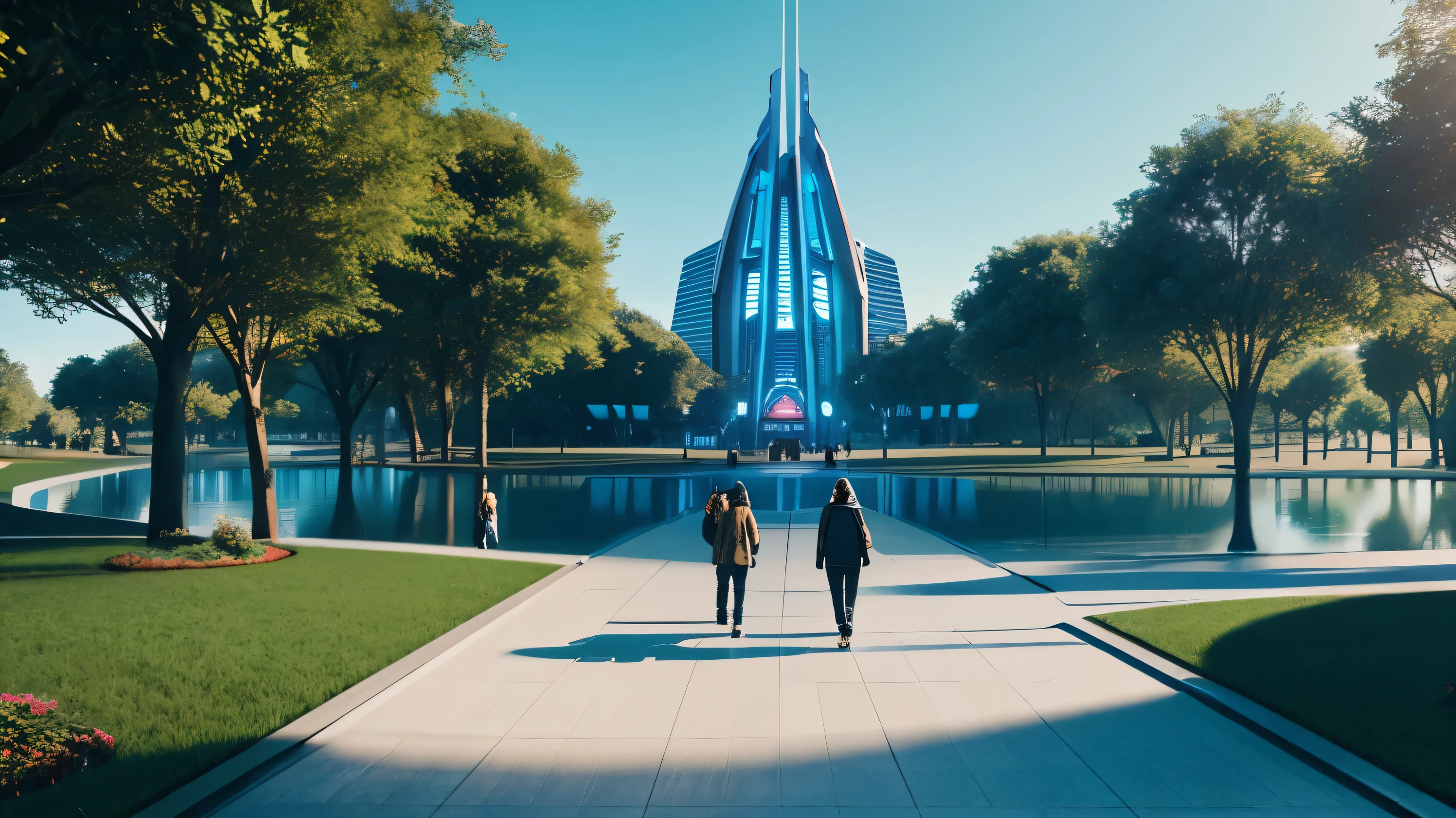 scifi, beautyful futuristic park, architectual, space design, cyberpunk, futuristic, lake, people, hightech, hard-surface design, daylight, much tech, much electronic, very cozy, ambient light, realistic view, wide angle, year 2224