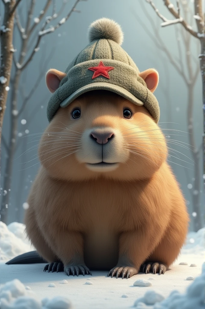 Capybara wearing a Soviet Army snow cap