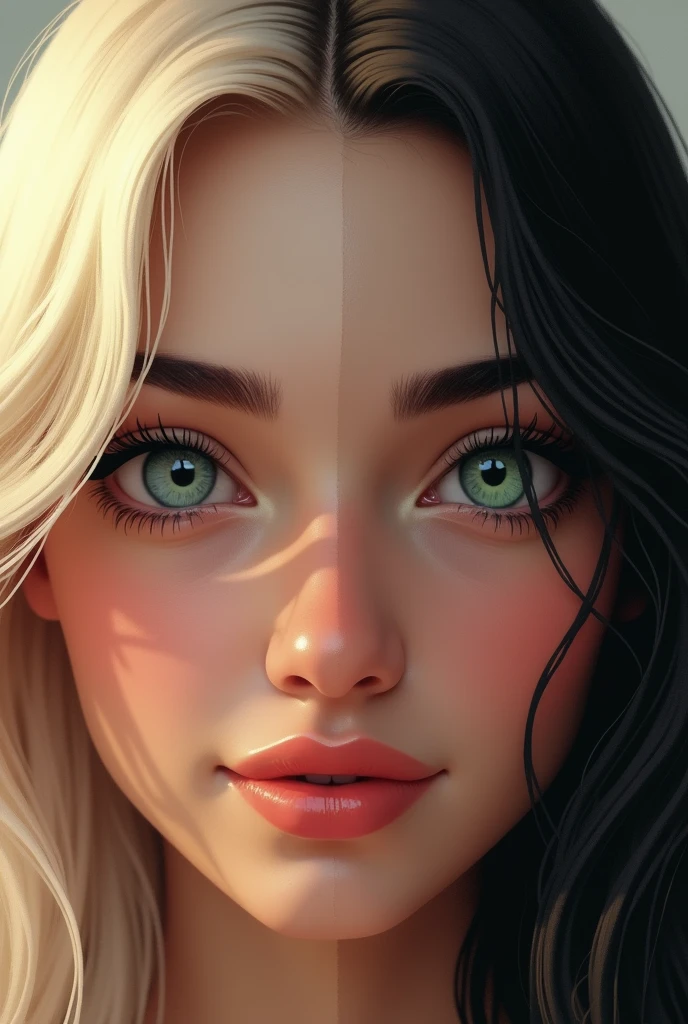 The image shows a close-up of a face divided into two halves., Each one representing a woman with unique and captivating characteristics..
Left Half: This part of the face belongs to a young girl with platinum blonde hair that falls in soft waves over her shoulder.. Your skin is clear and luminous, reflecting the light in a warm way. His eyes are an intense blue, large and expressive, that convey a sense of calm and confidence. Long eyelashes frame her gaze, and his lips, of a soft pink tone, are slightly parted in a subtle smile. The eyebrow is delicately arched, emphasizing his friendly and open expression.
Right Half: The other half of the face belongs to a woman with jet black hair, straight and shiny, which also falls gently on his shoulder. Your skin has a darker tone, creating a beautiful contrast with the blonde part. Her eyes are emerald green, intense and captivating, with a look that radiates mystery and depth. Eyebrows are thicker and more defined, bringing an air of determination. Her lips are cherry red, with a more serious and enigmatic expression.
bottom: The background should be a soft gradient that complements the tones of both halves of the face., Using neutral colors that do not distract from the duality of women.
lightning: The light should be soft and warm, illuminating both halves of the face evenly, creating subtle shadows that enhance the three-dimensionality of the features.
style: Realistic with an artistic touch, emphasizing the beauty and uniqueness of each woman, while the division of the face symbolizes duality and the coexistence of different personalities. This prompt provides a clear and specific description that can be used to create the image you have in mind., highlighting the characteristics of both girls and the concept of duality.