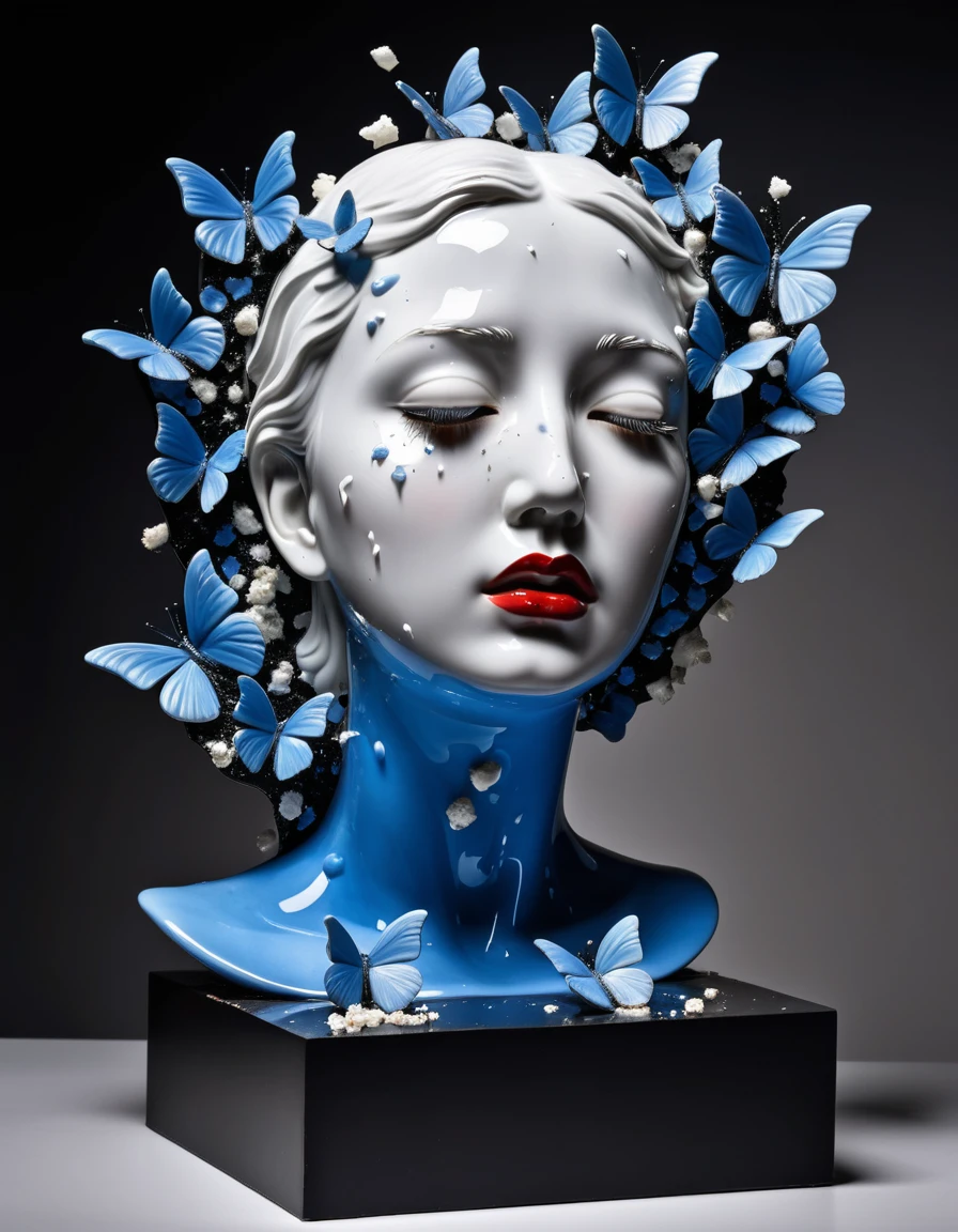 An incredible surreal sculpture by an unknown master in the avant-garde style, ((On a black cubic stand)) there is ((white porcelain female bust)), Porcelain bust ((damaged)) and ((cracked)), part of the bust ((crumbles into small crumbs)), Crumbling ((crumbs fall)) and ((turn into small red rosebuds)), Transparent drops flow from the eyes of the porcelain bust tears on the cheeks and chin, ((on the chin, tears hang in drops and turn into small bright blue butterflies)), There are a lot of bright blue butterflies and they fly apart. The view from the side. The distance is 1 meter. The work of a genius sculptor. Surrealism. Distortion of space. The illusion