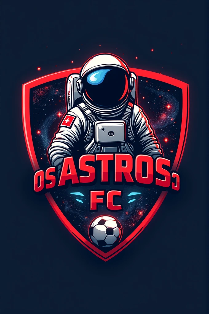 Create a shield with the name “os astros fc” in red, involving an astronaut and football 