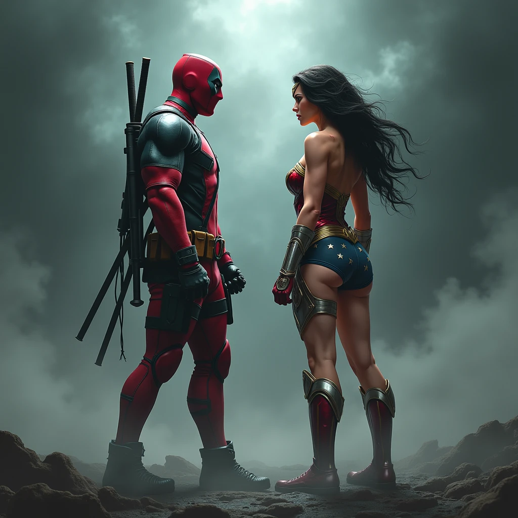deadpool and wonder woman brest open, detailed illustration, cinematic, coming out of a thick fog, facing the camera, highly detailed, hyper-realistic, 8k, masterpiece, professional, vivid colors, dramatic lighting, comic book style, intense expression, powerful pose, muscular body, wearing red and black costume, swords on back, gritty, moody, atmospheric.