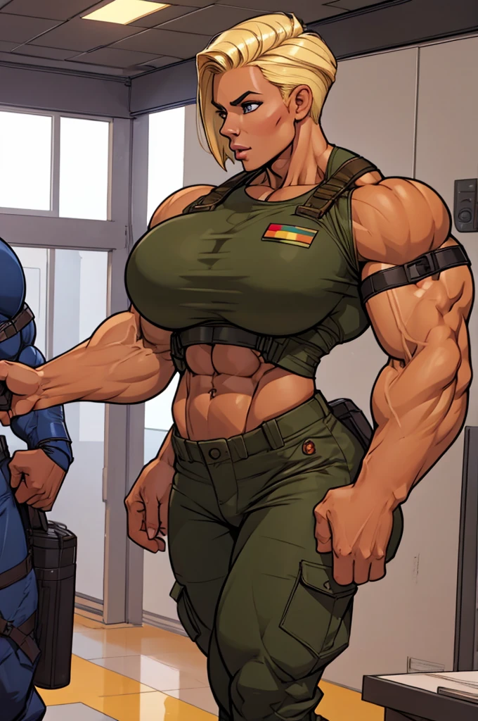 1girl, super soldier girl, coloured sketch, beautiful woman, blonde stylish haircut, extremely tanned, wearing special forces military suit, long baggy pants, strong well defined muscle, bulky powerful bodybuilder physique, muscular arms, perfect and flawless musculature, great muscle definition, perfect muscular body, massive muscular thighs, perfect round fake breasts, running in the mid of the battle, explosions,