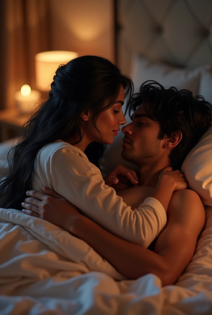 Create a image of a 25 year old indian girl in a room long black silky hair in bun style her 24 year old boyfriend kissing her neck from back on the bed