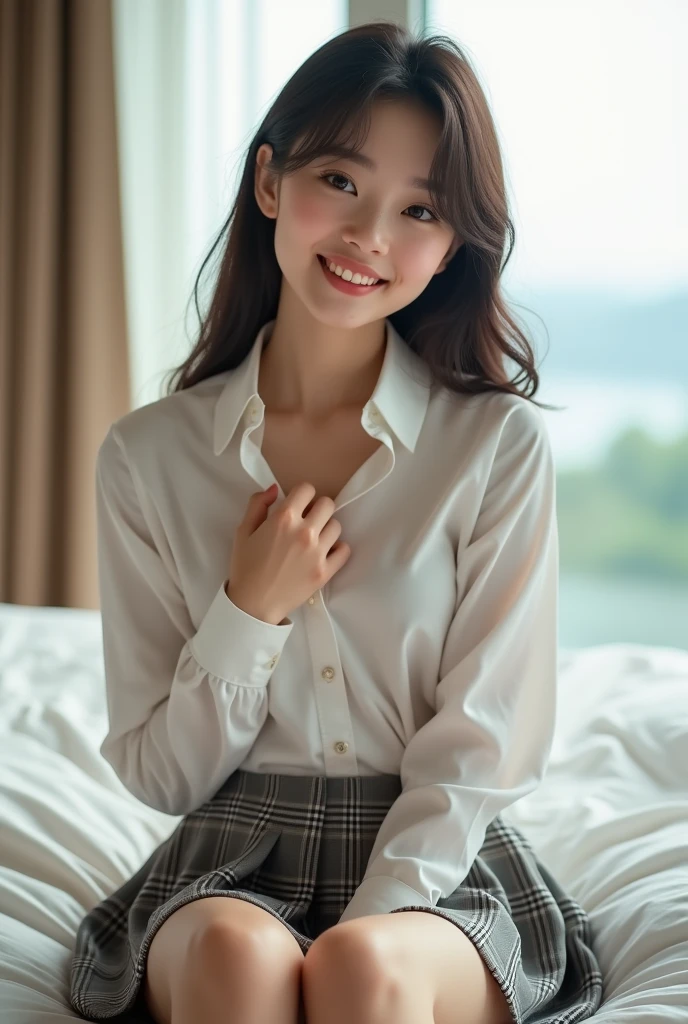(High school girl in a suite:1.4, , Cute Face:1.5, Triangular face, Sitting on a luxurious bed), View your viewers, ((Embarrassing:1.3, smile:1.1)), shy smile, Open your mouth, Silky skin, Natural Makeup, Glossy Lips, Group shot, (Sexually suggestive:0.7), (Same school uniform:1.5, open-necked white shirt, See through , Place your hands on your chest:1.24), (naked :0.2), (Three Girls:1, Perfect Style, whole body), ((Slender body)), (Pleated Check Skirt, Showing panties), (RAW Photos:1.4),(( Legs wide open, ribbon, pantyhose:1.2)), (Gentle light, 16k wallpaper, RAW Photos, Idol), Become familiar, (Large windows with sea views, Expensive furniture:1.3, Sheets laid on the floor:1.4, Flowers in a planter)