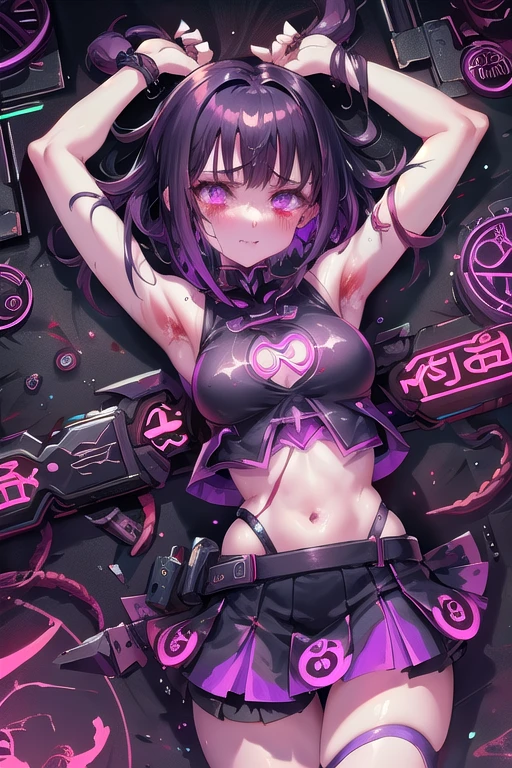 Cyberpunk anime. 1girl. Short black hair. Purple eyes. Purple highlights. White vest. Purple shorts and skirt. Laying on the floor. Blood is everywhere near her. Tears (tears 8) (blood 10) background is city. Neon. blood outside mouth. Scream