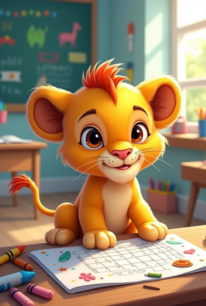 Baby lion making calendar in classroom childish drawing