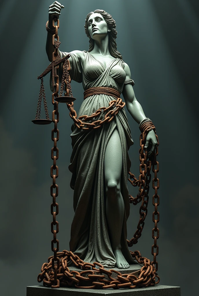 "Goddess of Justice statue bound by chains, symbolizing the corruption of democracy and justice"