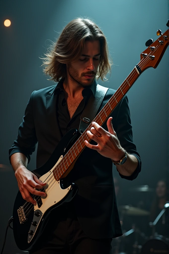 Male human bassplayer long hair beautiful