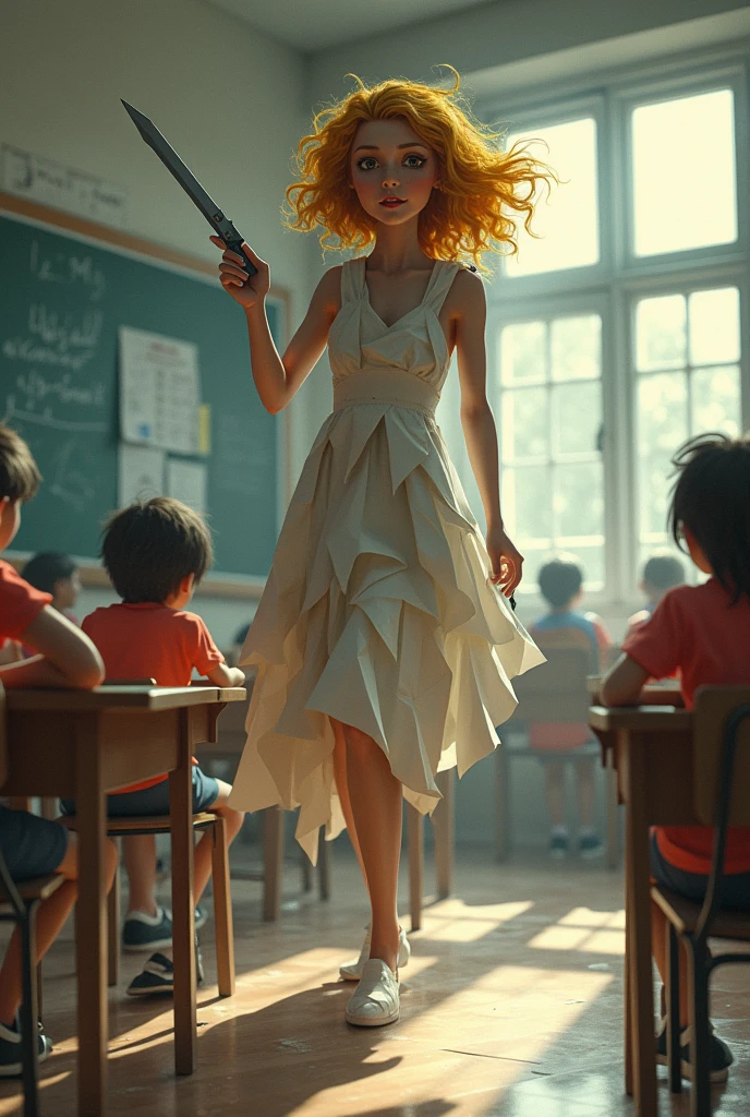 Miss Blomie is a paper teacher who has a blade instead of an arm and kills students who get low grades but DOES NOT kill those who get high grades, but for no reason at all. When she kills them, a day later they REVIVE a student who got a low grade. The school, the students and the teachers are also made of paper. She started running after the student who got a low grade. Another teacher, who is the math teacher, appears and shows the student that he got an F in math. The math teacher has a compass instead of an arm.