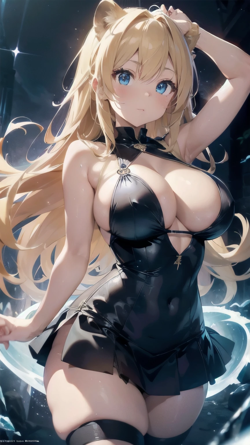 lightning storm, magic spell circle, thicc blonde lion girl, ice blue eyes, animal ears, huge teardrop boobs, sexy, holding magic sphere, bright colors, 4k, wallpaper art, full body character,