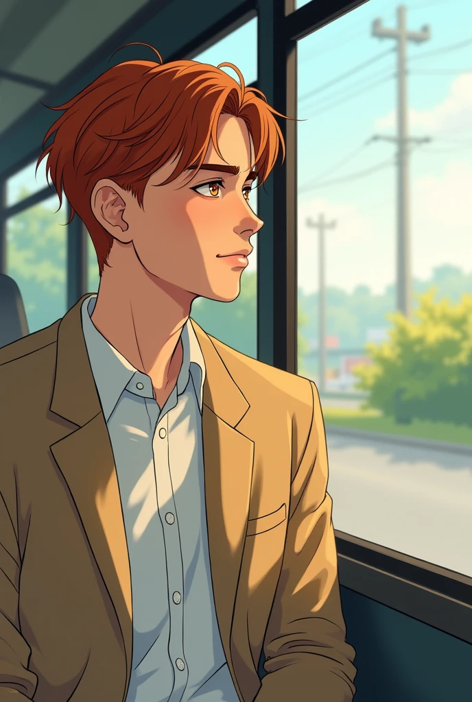 (comic) A young man looking out of a bus window, sideways. Short straight copper hair with waves. Amber and fine eyes, fine features, beige jacket and white shirt. clear skin, thick lanios. It's in the morning.