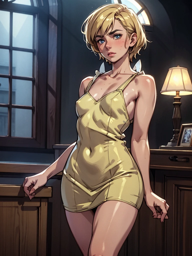 A beautiful introverted European boy wearing a short light plunging dress, 15-years-old, thigs, high detail face, high detail skin, flat chest, 8k, HDR, high resolution, photo-realistic, cinematic lighting, depth of field, bokeh, rim lighting, backlit, cool colors, night, 8K