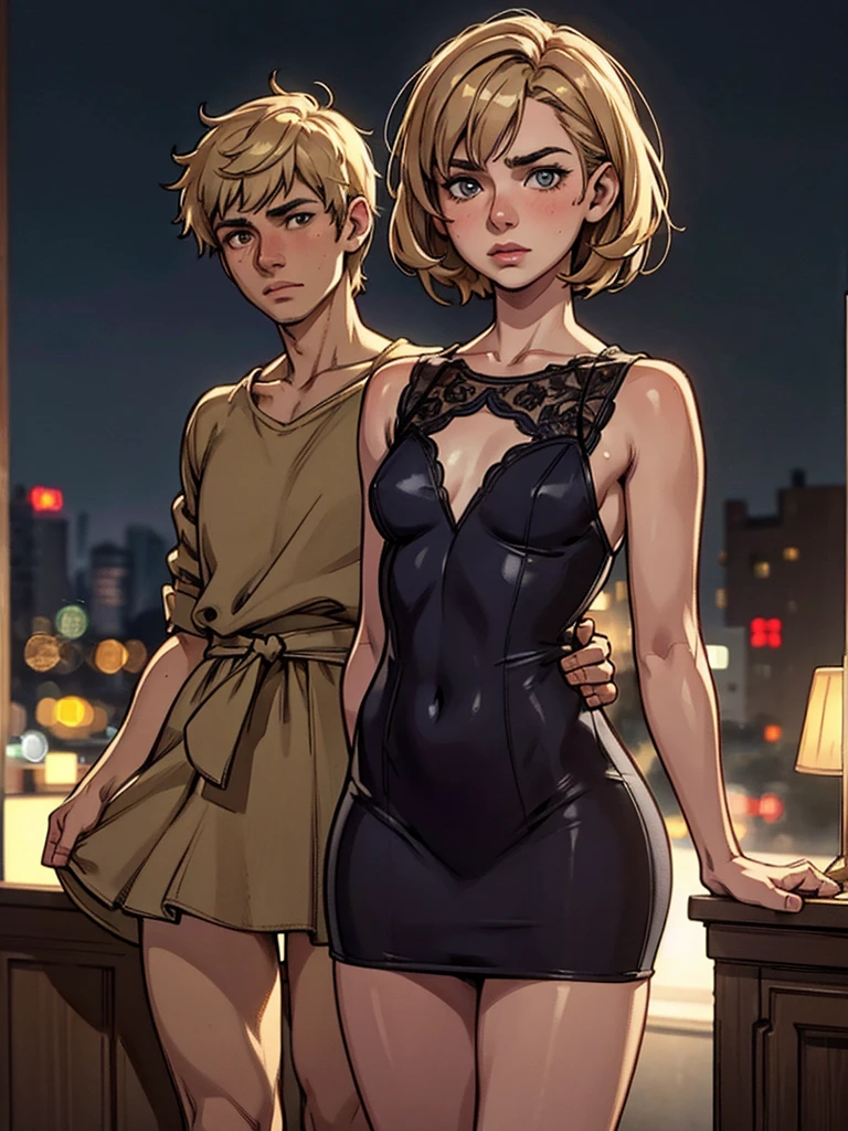 A beautiful introverted European boy wearing a short light plunging dress, 15-years-old, thigs, high detail face, high detail skin, flat chest, 8k, HDR, high resolution, photo-realistic, cinematic lighting, depth of field, bokeh, rim lighting, backlit, cool colors, night, 8K